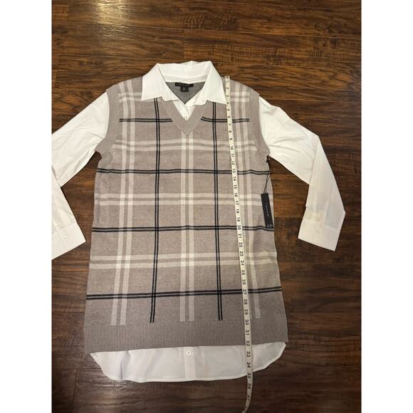 Tahari Women’s Tan Plaid Sweater Dress With White Shirt Underlay NWT Sz:L - Picture 6 of 8